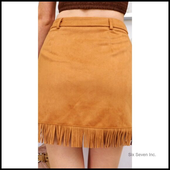 Faux Suede Fringe Mini Skirt High Waisted Western Tassel A-Line - Picture 5 of 5